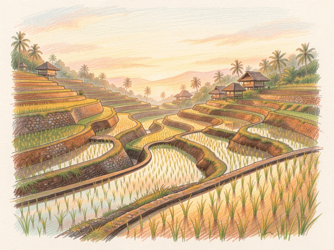 A traditional Balinese rice terrace at golden hour, with warm light casting long shadows across the scene, evoking wanderlust and the magic of far-off places.