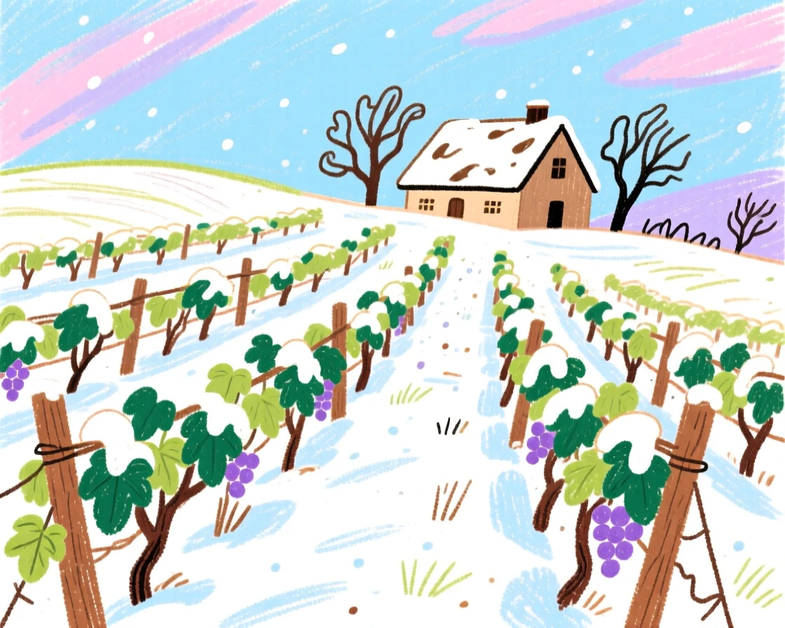 A view of a vineyard estate blanketed in a light dusting of fresh snow.