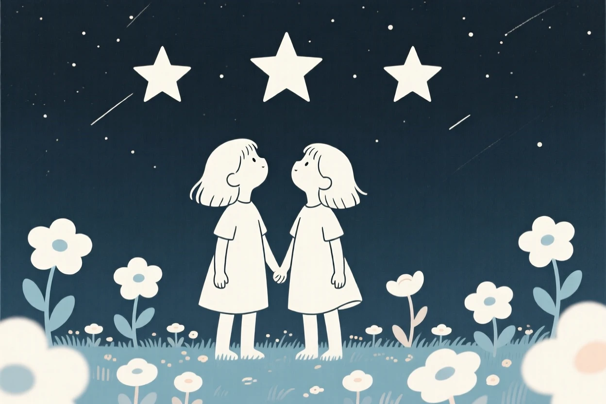 Two little girl gazing at the stars together in a garden in bloom, sharing a moment of shared belonging.