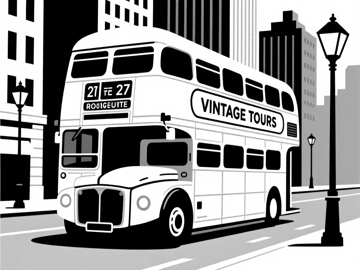 A vintage double-decker bus in a city street.