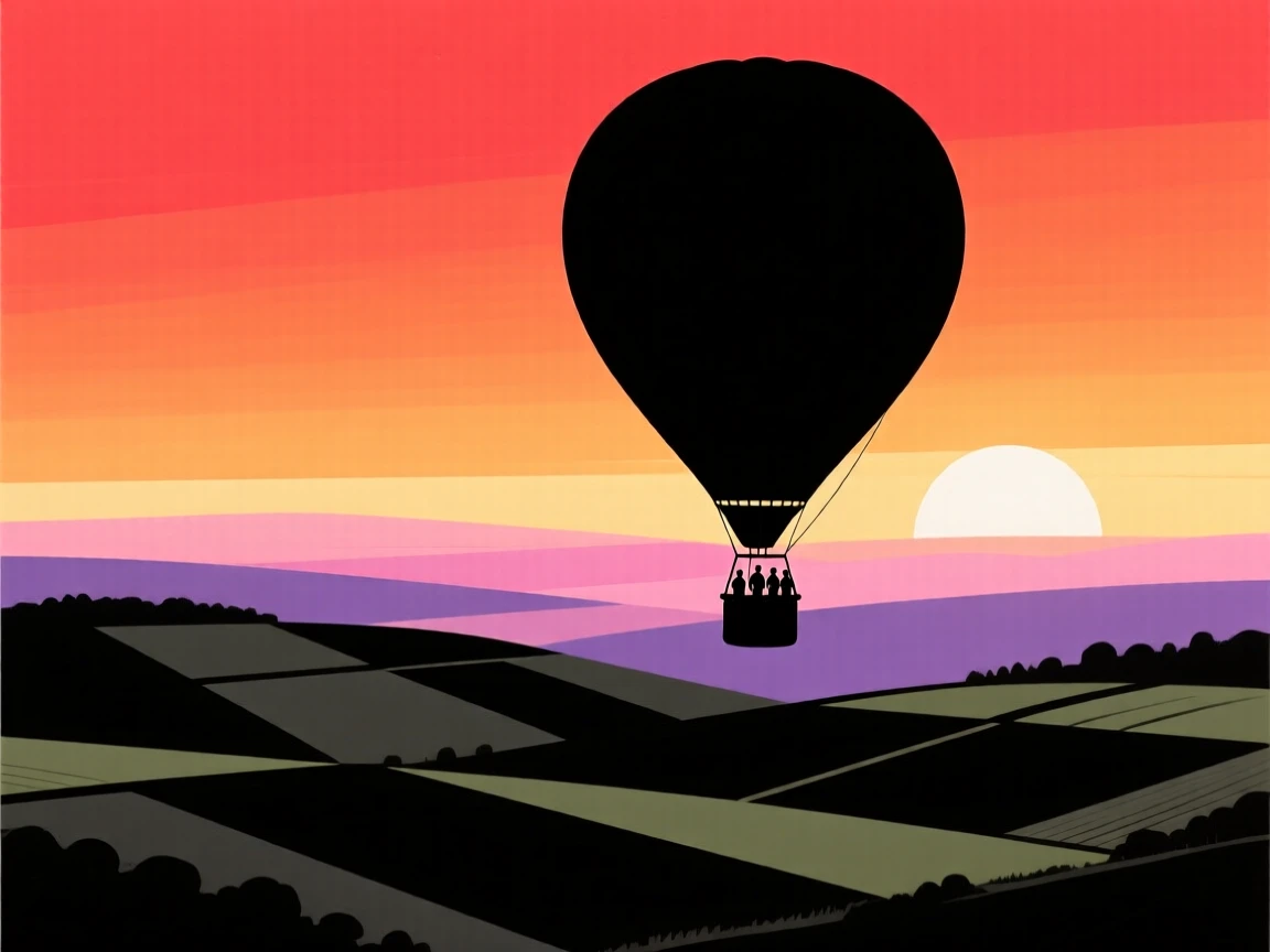A hot air balloon drifting over a patchwork valley at sunrise, basket full of travelers.