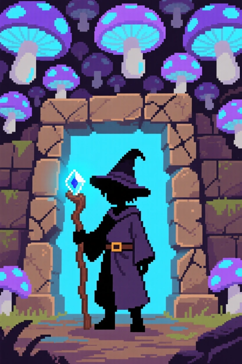 A young wizard apprentice guarding the entrance to an ancient ruin, beneath a canopy of glowing mushrooms.
