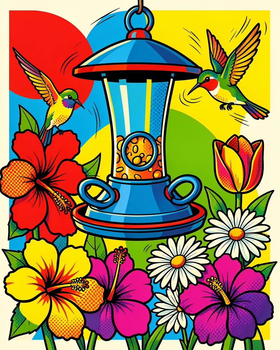 A hummingbird feeder surrounded by blooming flowers