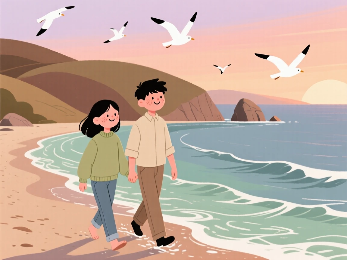 Waves roll gently onto a secluded cove where a young couple walk along the shoreline, watching the sunset together as gulls glide overhead.