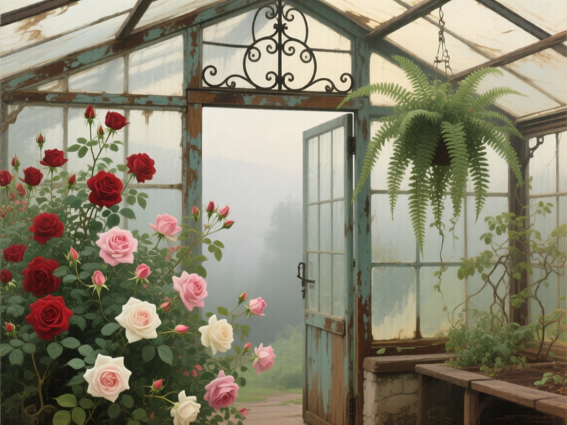 A medium shot of a greenhouse filled with blooming roses and hanging ferns, in the Balkans, in thick fog.