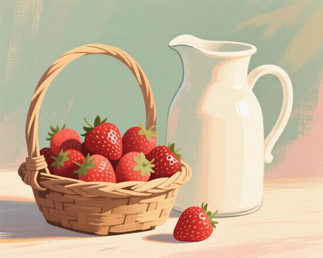 A basket of freshly picked strawberries beside a vintage milk jug