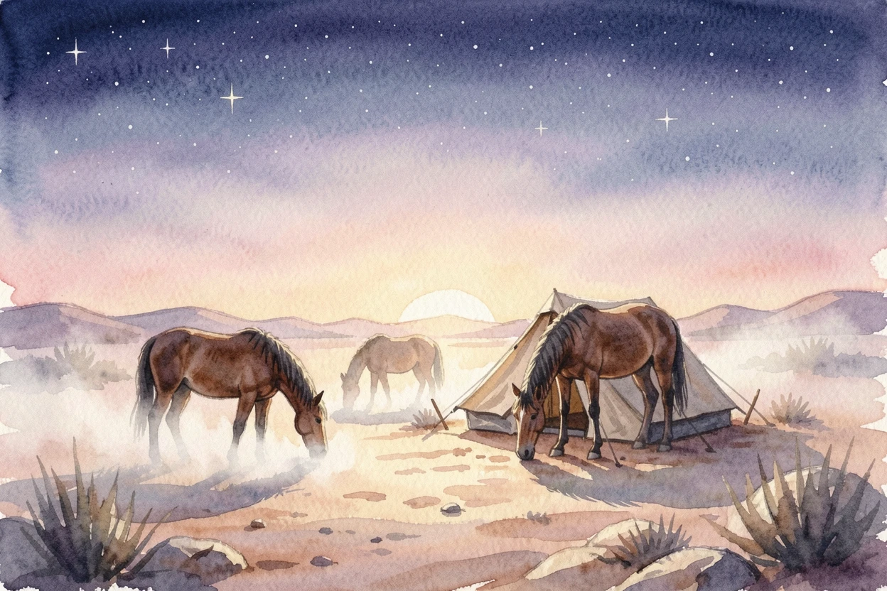 A starlit desert campsite with morning mist rising with wild horses grazing nearby.