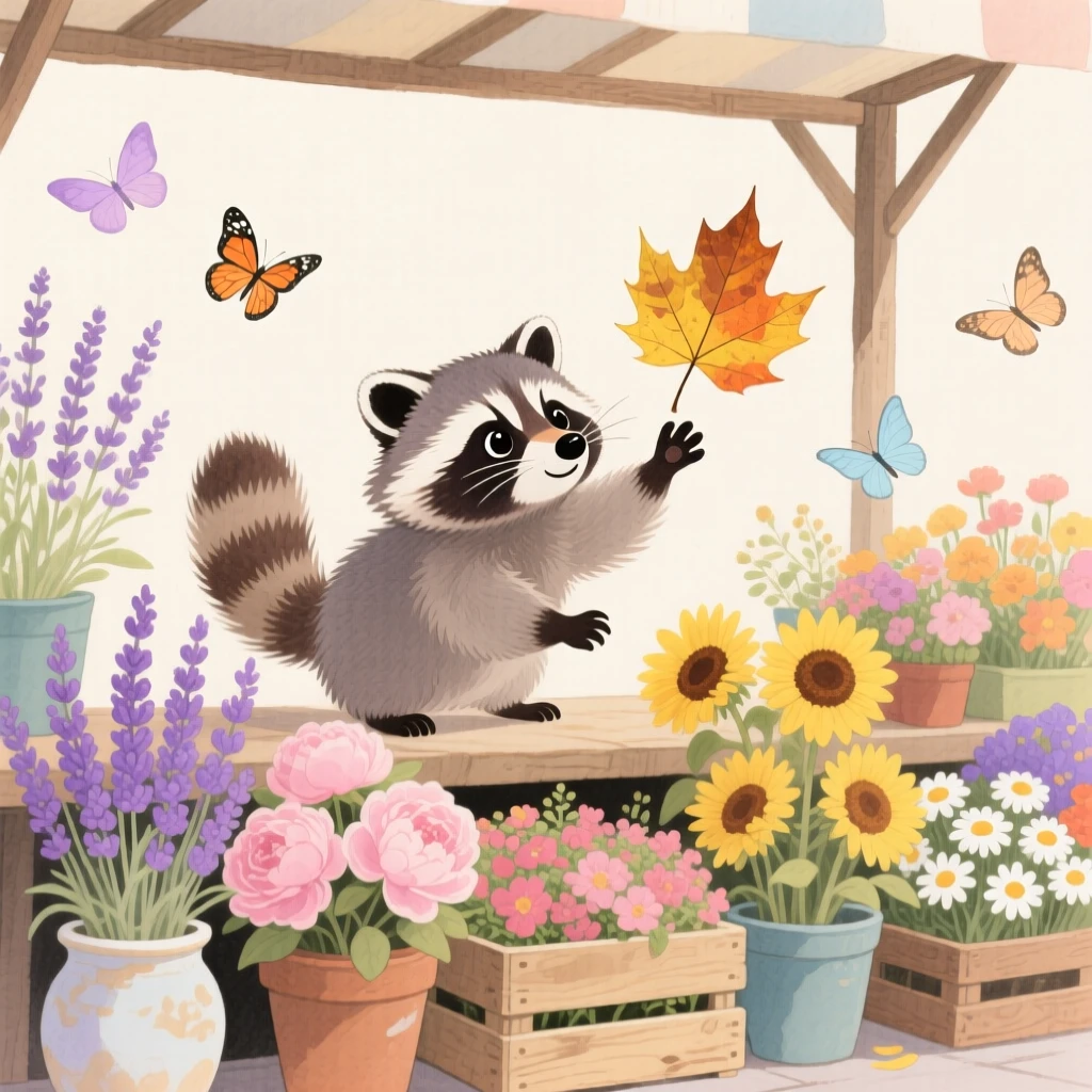 A baby raccoon chases a fluttering leaf in a market stall of flowers, as butterflies drift nearby