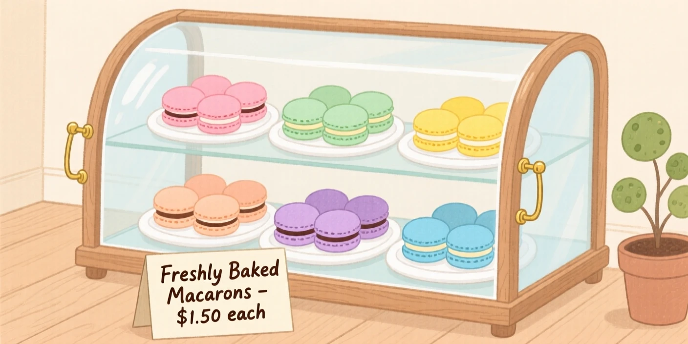 A cozy scene featuring a display case full of colorful macarons.