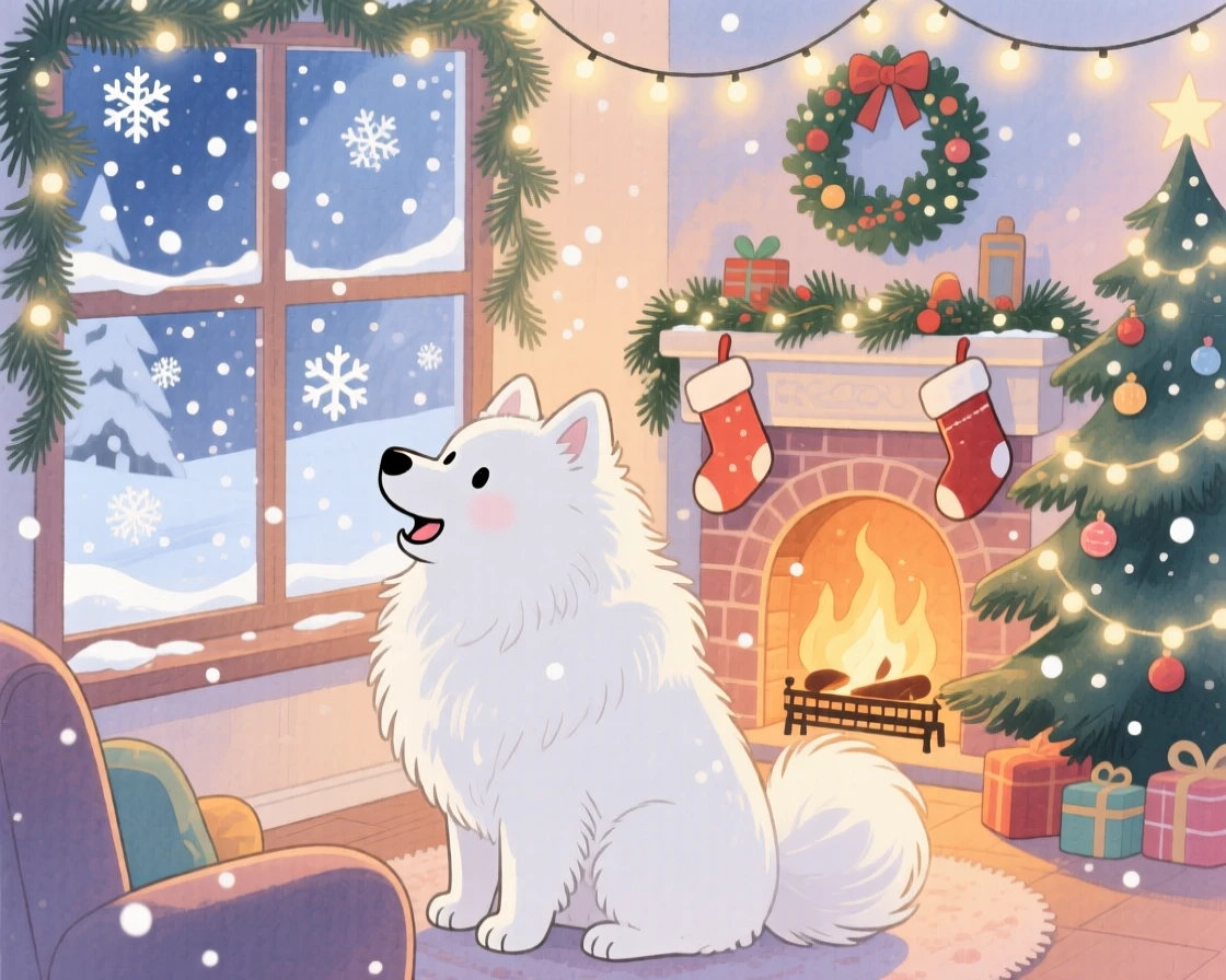 A fluffy samoyed dog watching snowflakes fall for the first time, set in a snug living room decorated for the holidays, capturing a fleeting moment of quiet contentment.