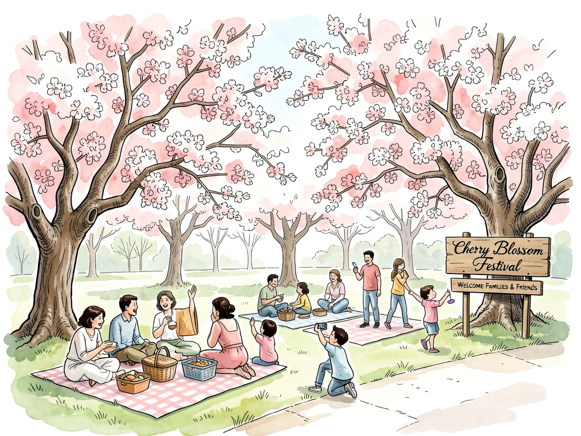 A springtime cherry blossom festival with families having picnics beneath blooming trees