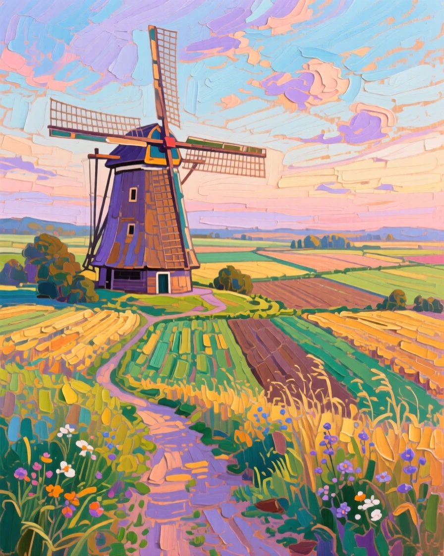 a windmill beside a patchwork of fields, on a gentle summer evening, with a balanced, spacious view of the surroundings.