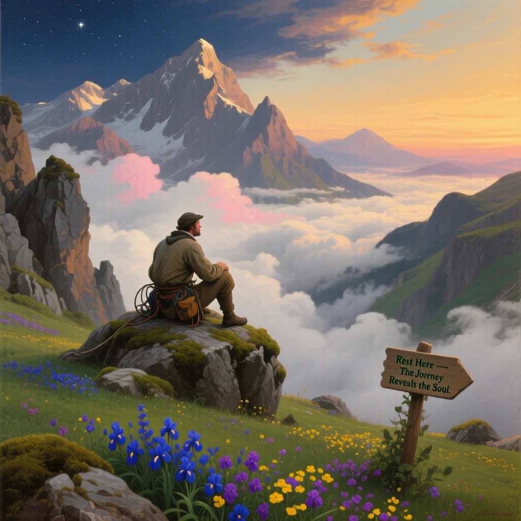 A lone climber rests upon a high alpine meadow as clouds swirl below.