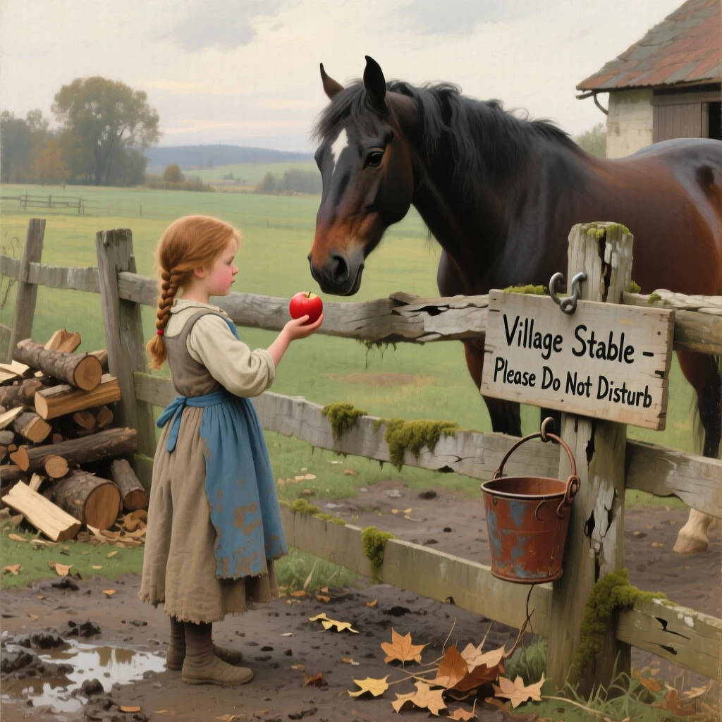 A little girl feeding a gentle horse an apple over a wooden fence, surrounded by everyday details that ground the moment in reality, evoking warmth, empathy, and genuine connection