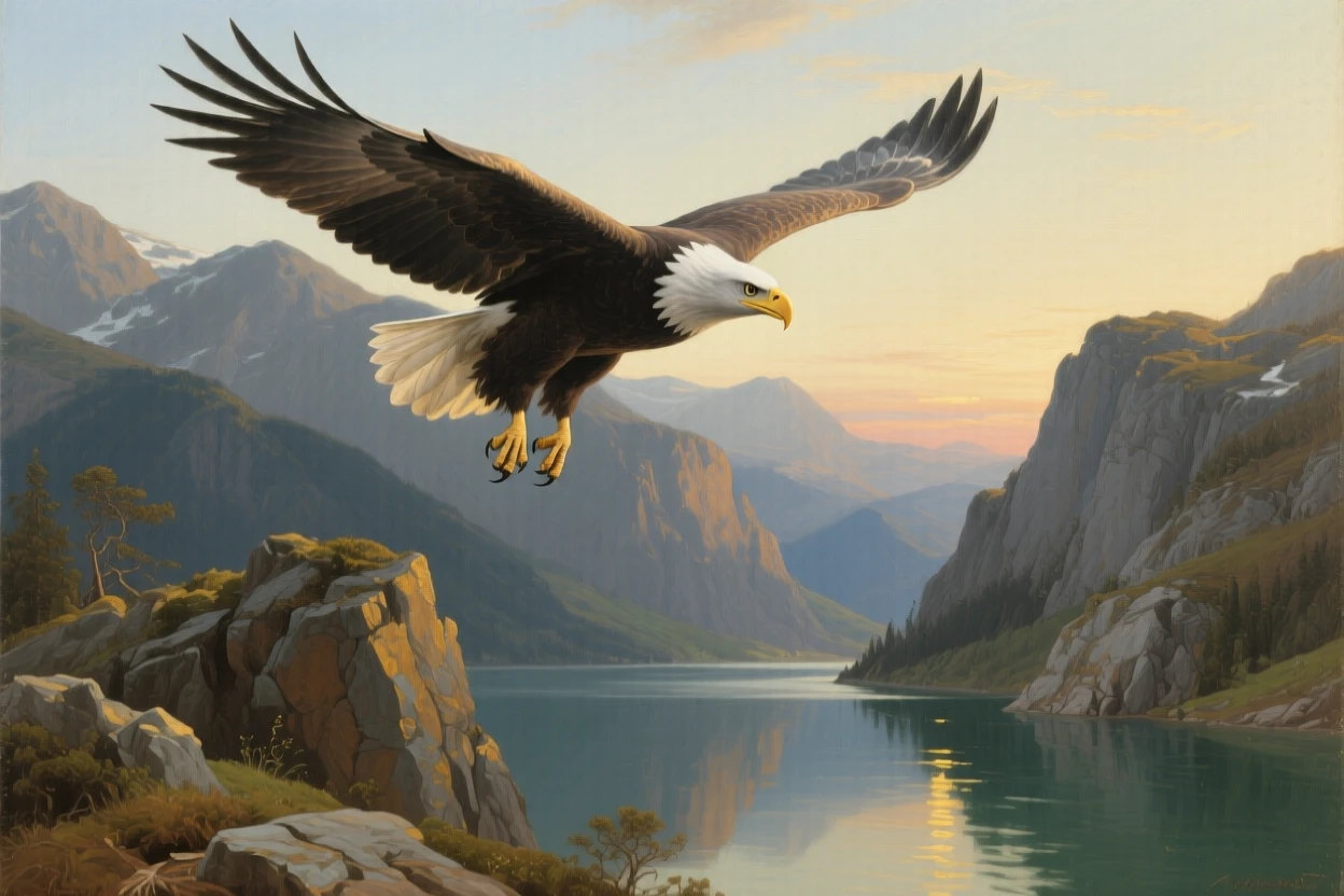 An eagle soaring high above a dramatic mountain gorge as instinct and elegance move in perfect harmony, set beside a still lake reflecting a painterly sky, with feathers, fur, or manes catching the light in fine, luminous detail; the composition balances raw power with graceful, natural stillness, filled with gentle warmth and admiration for living creatures.