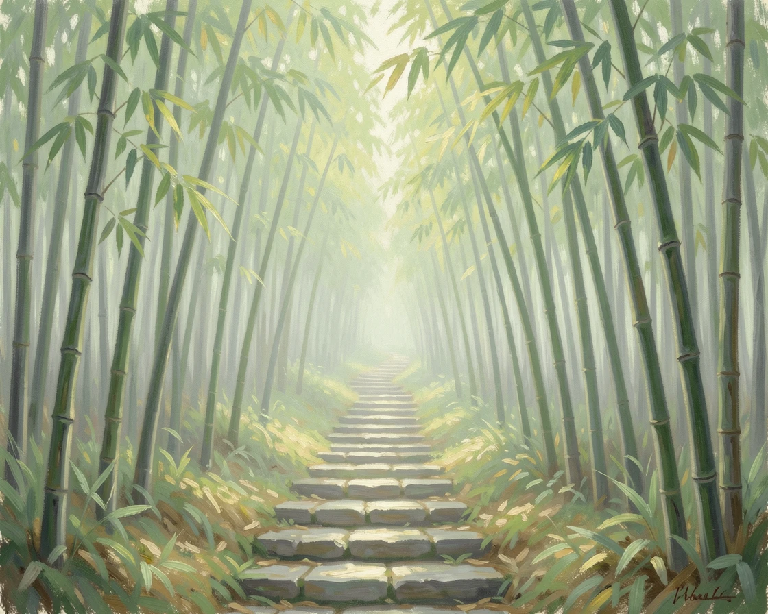 A misty bamboo forest with narrow stone steps winding upward, soft green light filtering through the tall stalks.