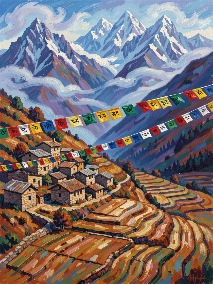 A hillside village in the Himalayas with prayer flags fluttering above terraced fields.