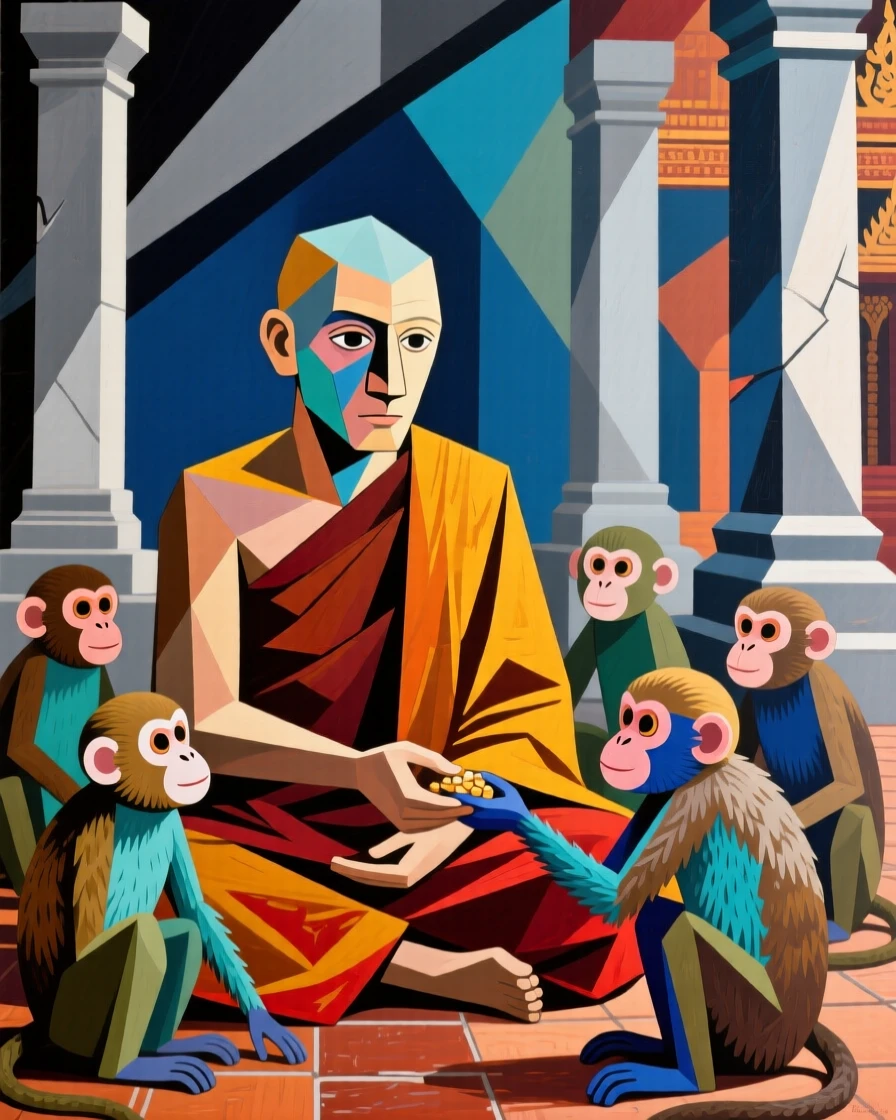 A heartwarming scene of a monk feeding a group of gentle temple monkeys.