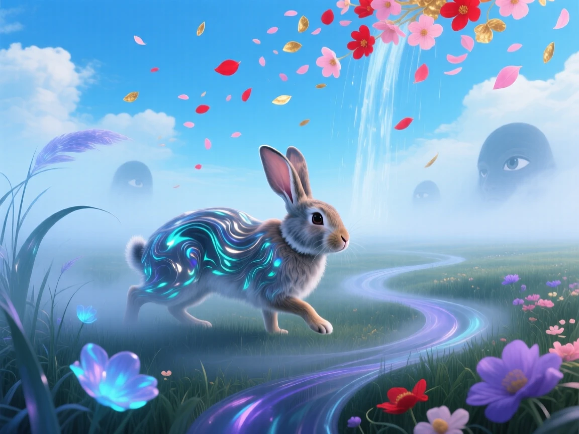 A rabbit whose fur ripples like water in the wind moves silently through a fog-covered meadow, as flower petals fall gently from a clear sky.