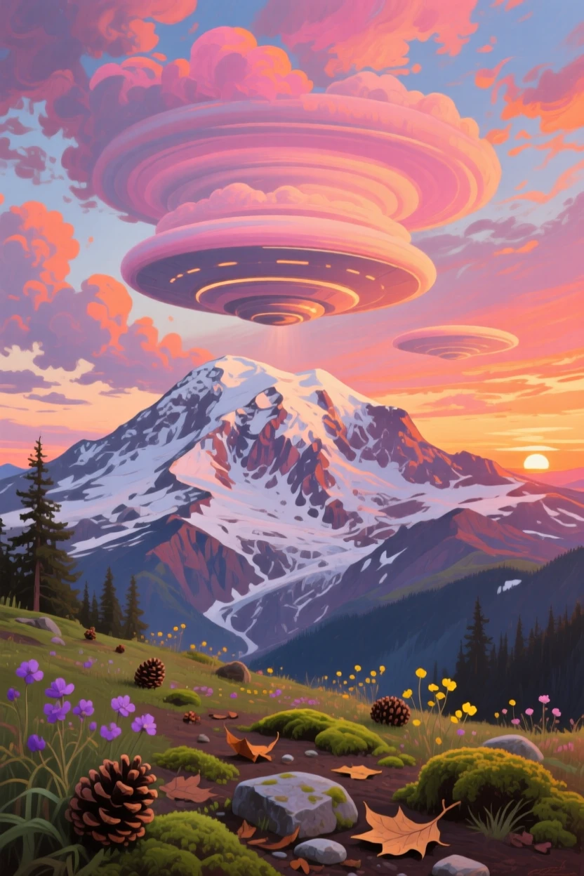 A dramatic sky filled with lenticular clouds hovers like a flying saucer above Mount Rainier, catching brilliant pink and orange light at sunset, the ground scattered with small natural details that reward a closer look.