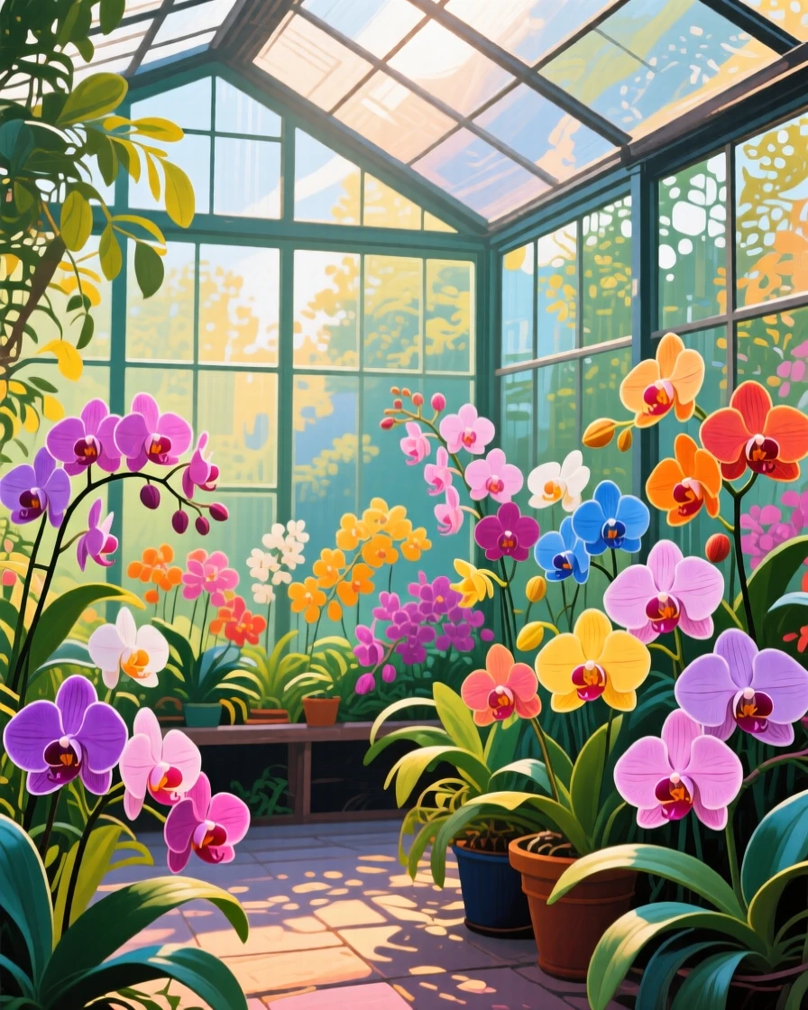 A greenhouse filled with rare orchids in every color, morning light diffusing through glass panels