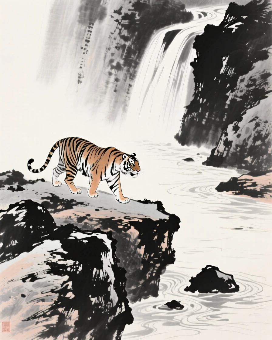 A tiger prowls silently along a rocky riverbank, while a waterfall roars faintly in the background.