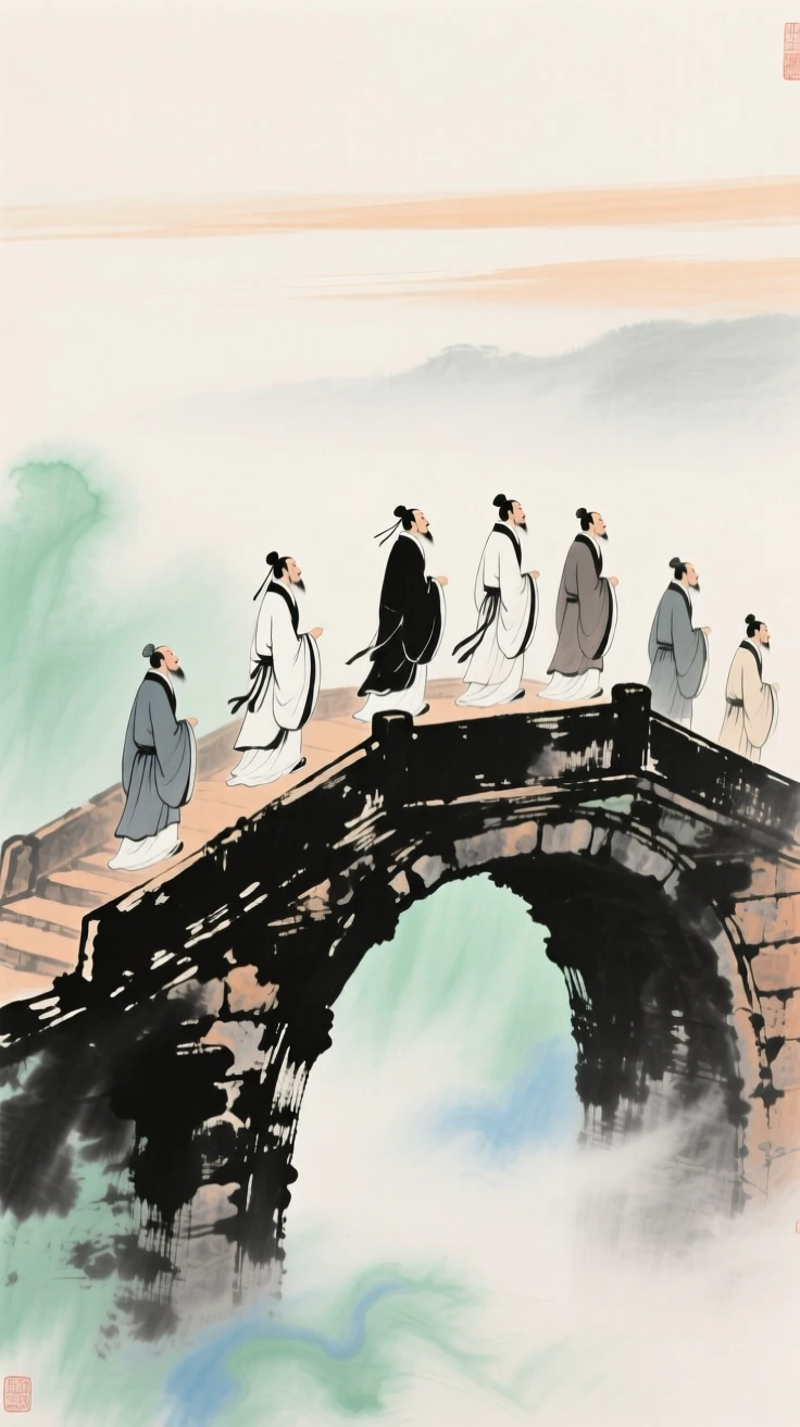 A procession of scholars crossing an ancient stone bridge in ceremonial robes, radiating gentle serenity, through a light drifting mist.