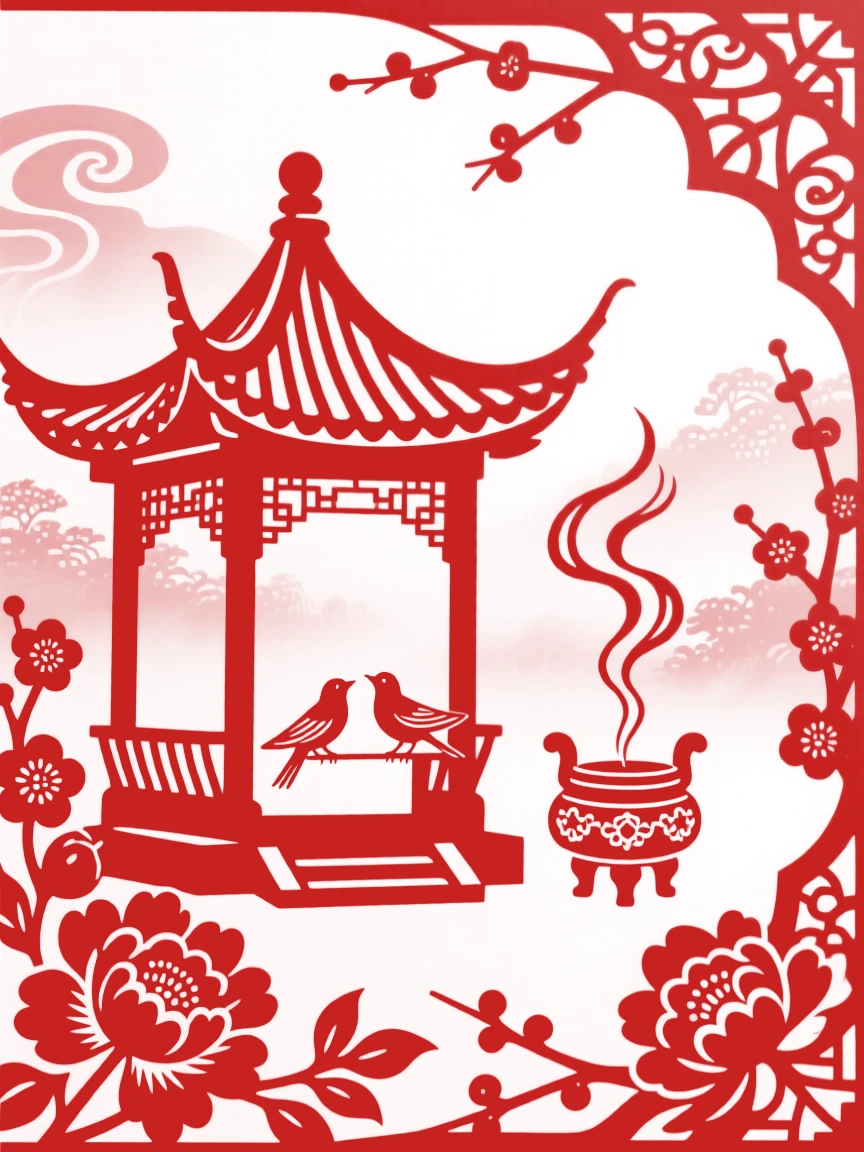 A garden pavilion, at first light, mist still clinging to its eaves, smoke curling gently from a nearby incense burner.