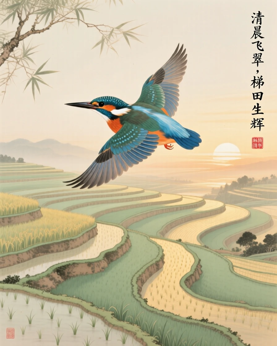 A kingfisher soaring above terraced rice paddies, soft morning light filtering through the branches