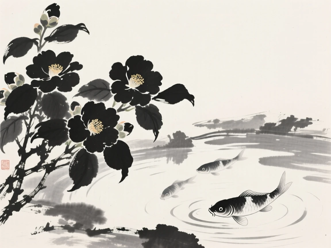 A cluster of camellias beside a tranquil koi pond, seen from a low angle looking upward, suggesting patience, resilience, and quiet strength.