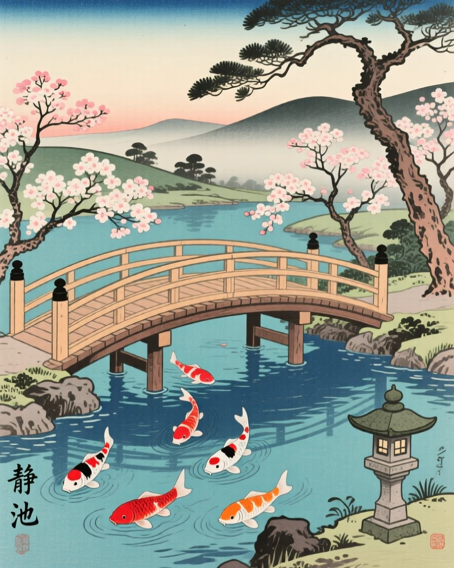 A quiet koi pond, crossed by a simple wooden footbridge.