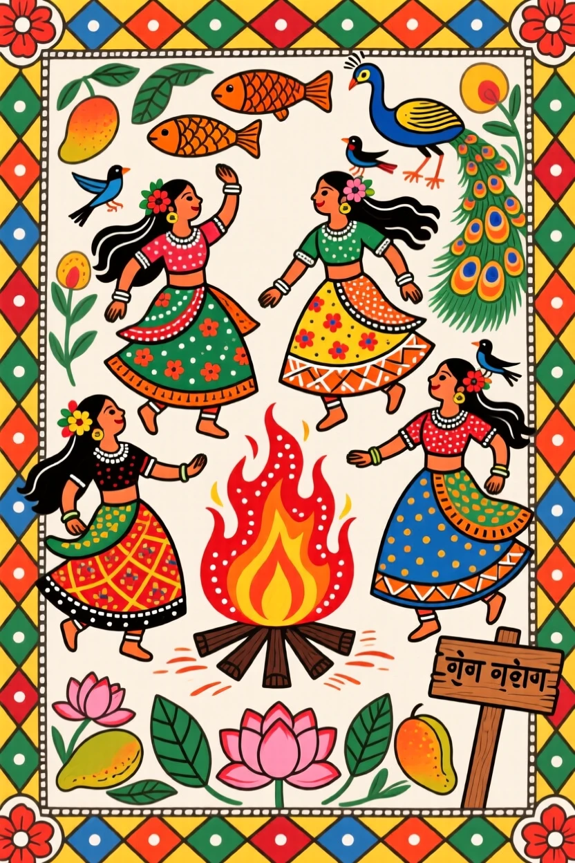 Dancers spinning joyfully around a bonfire during a village celebration.