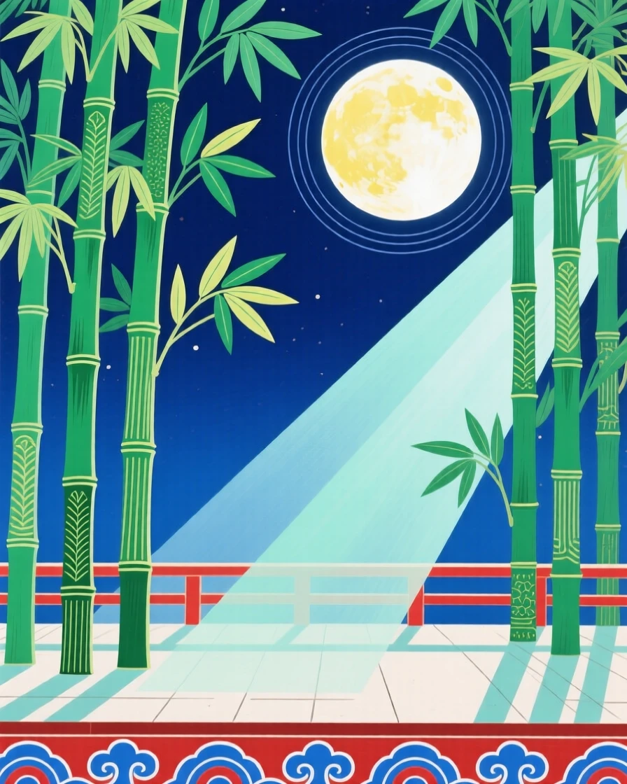 A bamboo forest with light filtering through seen from a quiet overlook, beneath a full moon.