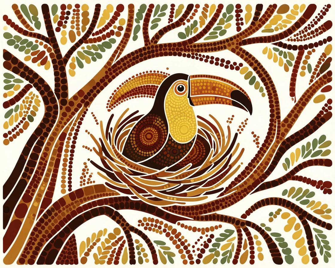 A toucan nesting among treetop branches