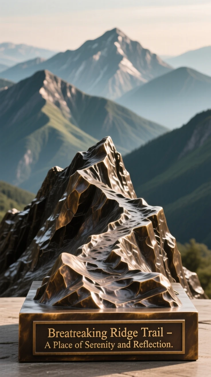 A dramatic ridge trail overlooking layered mountain peaks, with a serene, contemplative atmosphere, offering a breathtaking sense of place