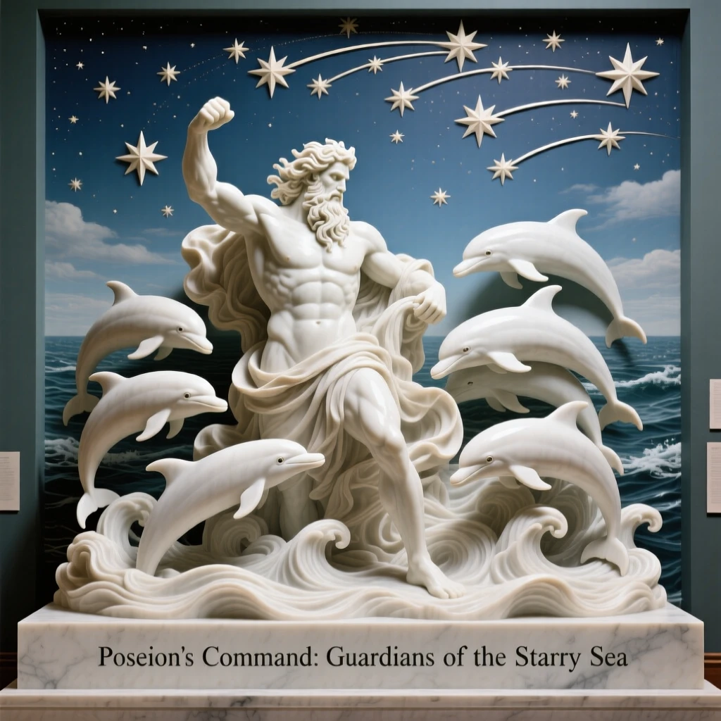An epic scene of a sea god commanding a school of dolphins, under a sky filled with shooting stars, evoking myth and grandeur