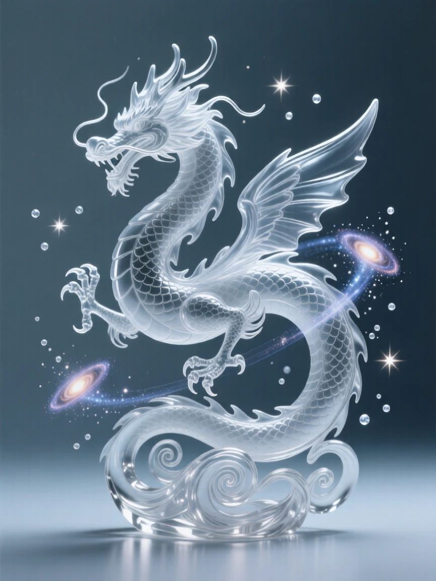 A celestial dragon coiling through swirling galaxies, bathed in soft magical light with drifting sparkles in the air, epic and awe-inspiring composition, evoking wonder and adventure.