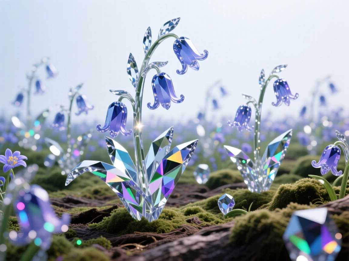 A field of wild bluebells carpeting an ancient forest floor in spring.