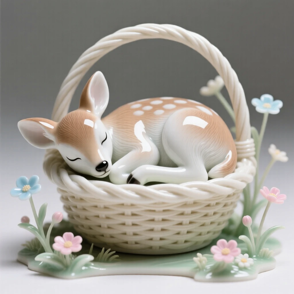 A tiny fawn curled up asleep in a woven basket, surrounded by tiny wildflowers.