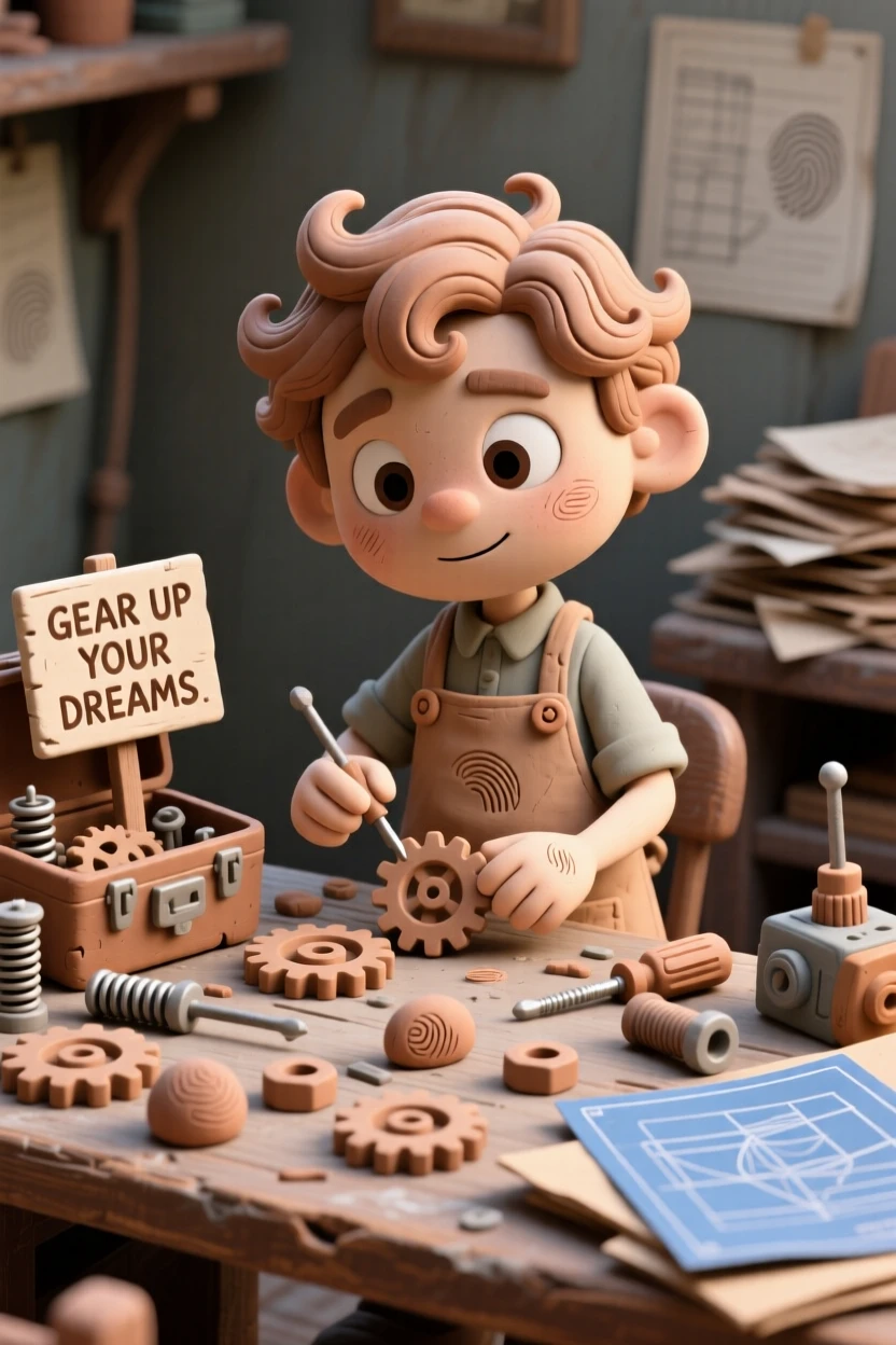 A young inventor tinkering with gears and gadgets at a cluttered desk