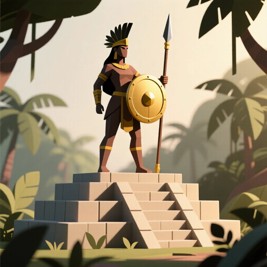 A fierce Amazonian warrior queen raises a golden shield and spear, standing proudly atop a sunlit jungle temple.