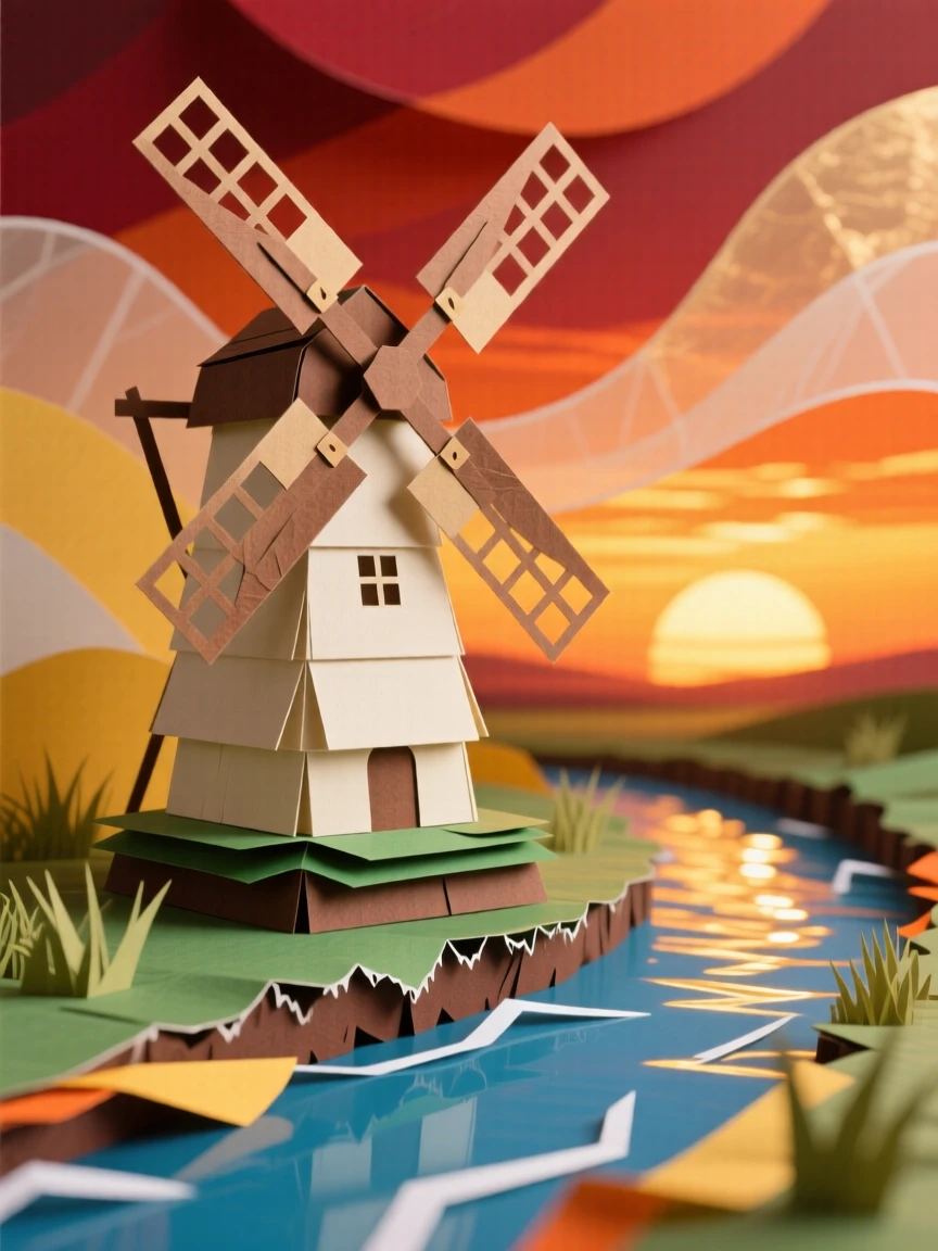 A historic windmill standing against a dramatic sunset sky, its sails silhouetted while a canal reflects the golden light below, evoking rustic countryside heritage.