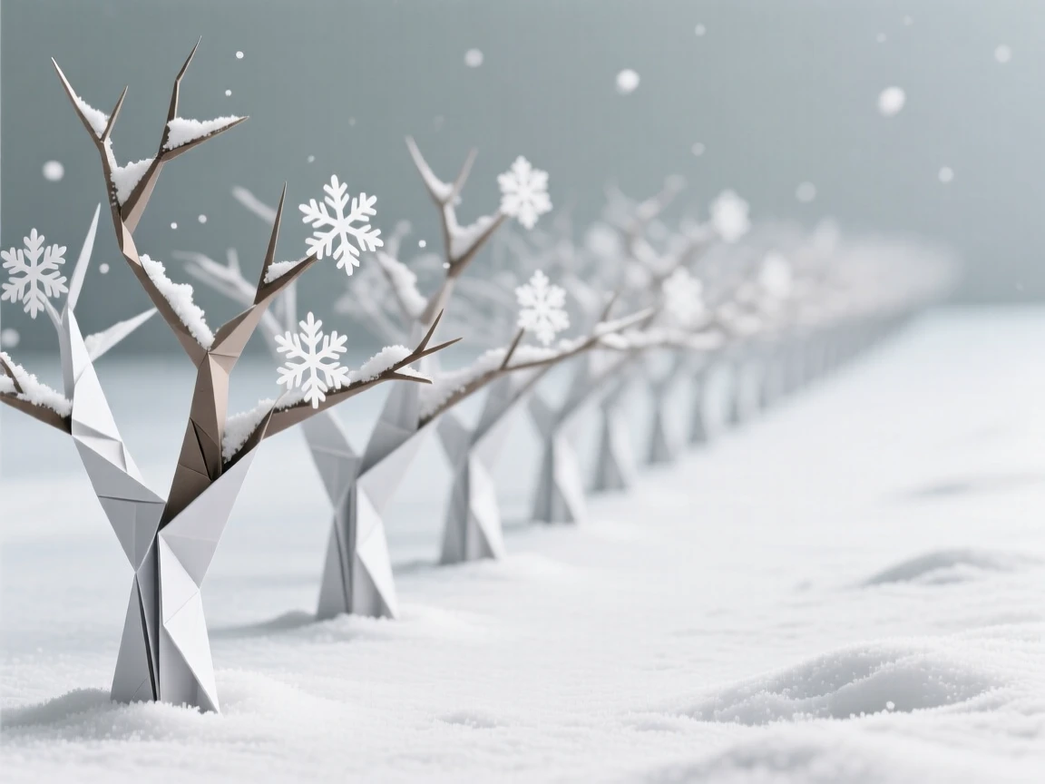 A peaceful orchard row in winter, bare branches dusted with fresh snow.