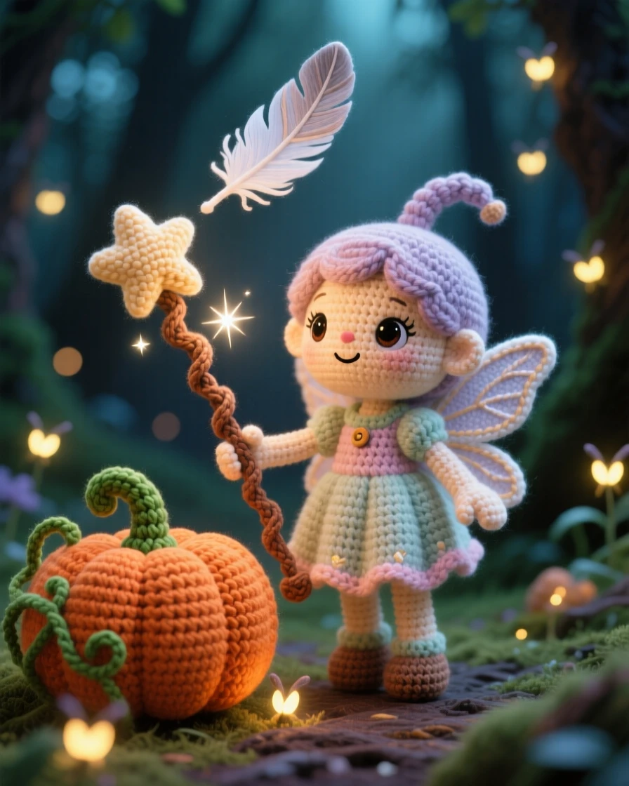In a hidden glade lit by fireflies, a tiny fairy godmother in training with a slightly oversized wand is captured practicing a sparkle spell on a pumpkin, surrounded by a single floating feather catching the light, filled with joyful mischief and sparkling delight.