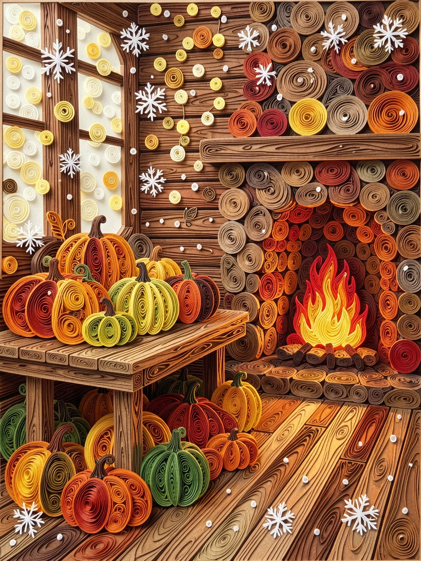 a autumn harvest table laden with pumpkins and gourds, beside a crackling fireplace in a rustic cabin, captured with festive bokeh lights in the background, with soft snowflakes drifting gently down.
