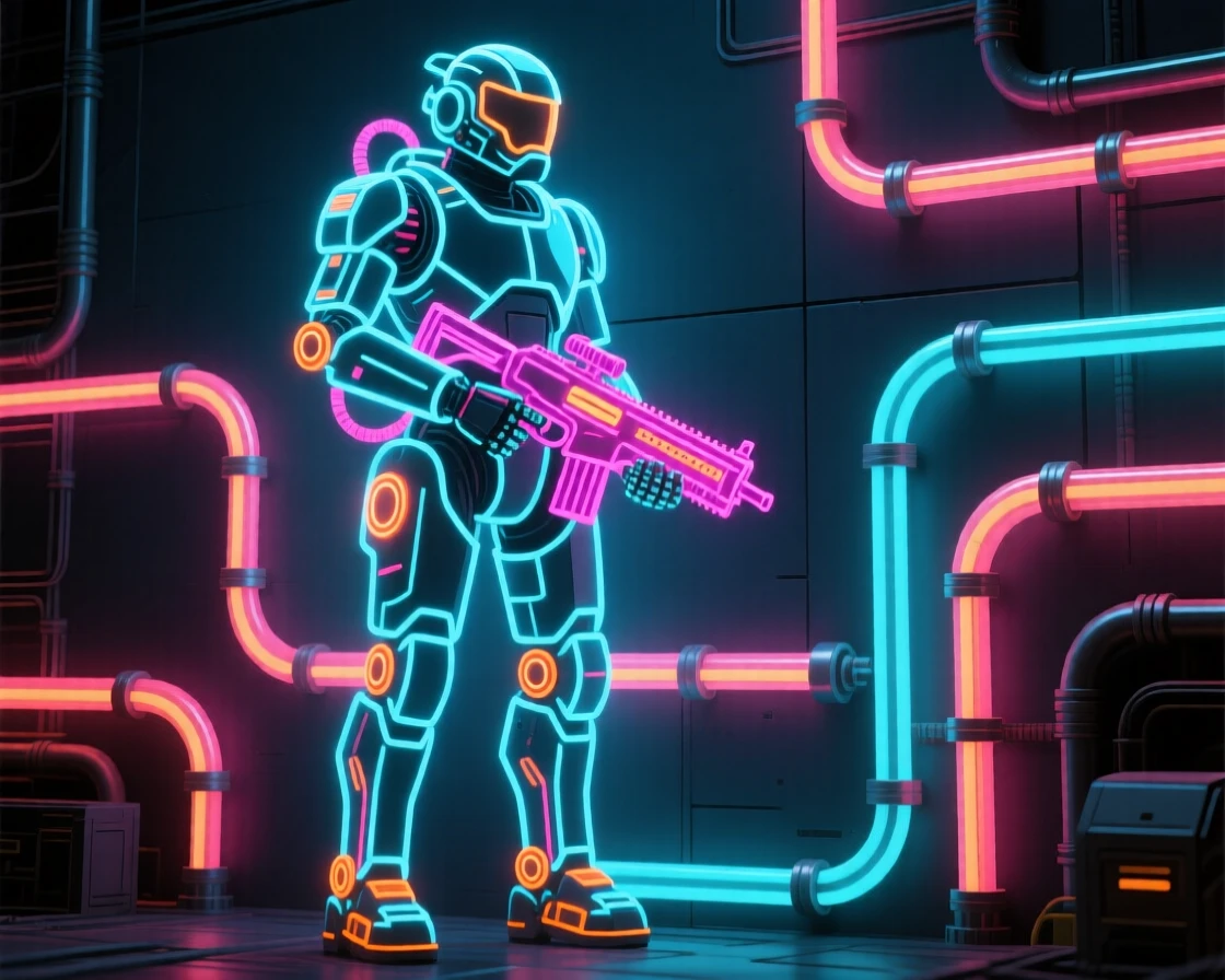 A wide establishing shot of a mechanized exosuit standing guard at a research outpost.