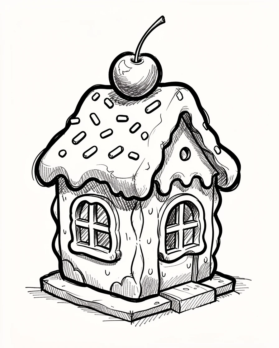 A gingerbread house topped with a cherry and sprinkles.