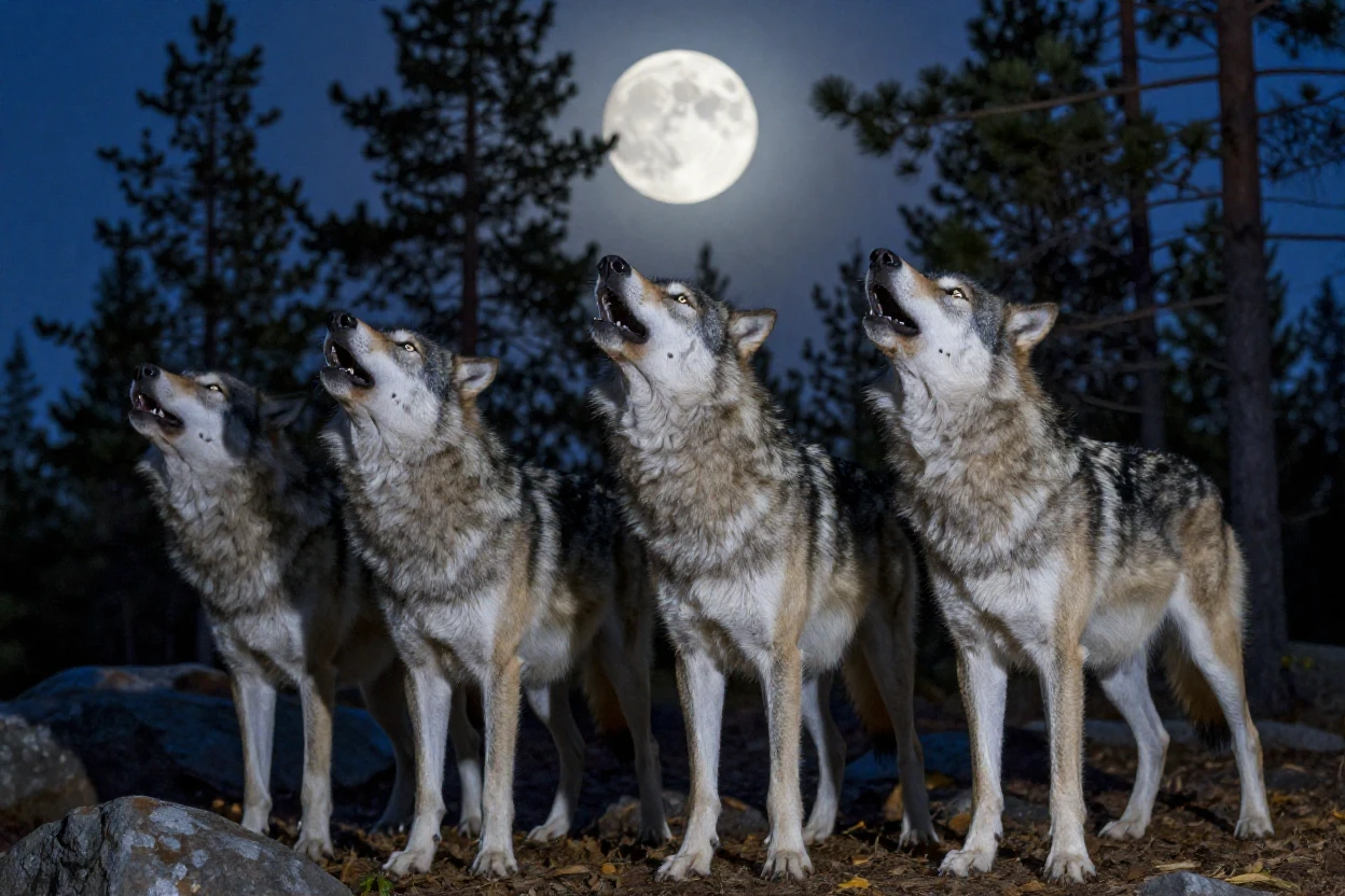 A wolf pack howling under a full moon