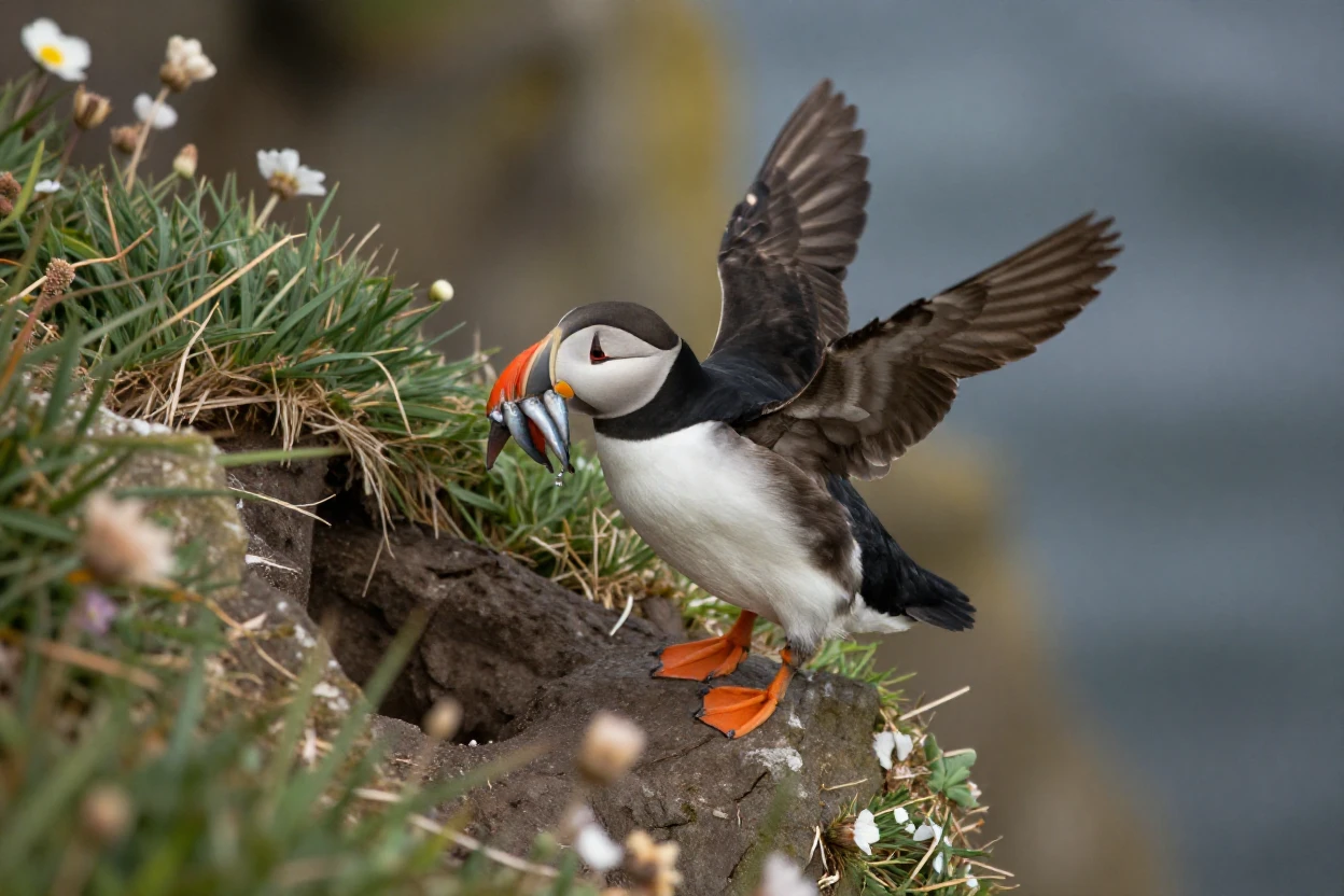 A puffin returns to its cliffside burrow with a beak full of small fish.