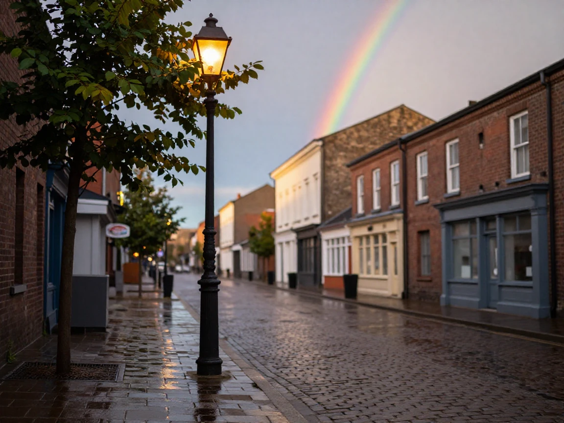A quiet street corner, lit by the soft colors of a passing rainbow, quiet and still